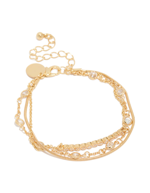 Gold Plated Cubic Zirconia Bezel Stone Bracelets 3-Pack