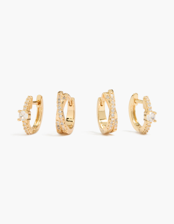 Showcasing gold plated cubic zirconia and criss cross huggie earrings 2-pack in clear stone front view