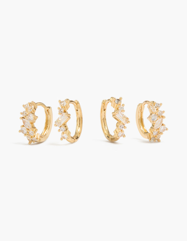 Showcasing gold plated cluster cubic zirconia huggie earrings in a 2-pack with huggie closure front view