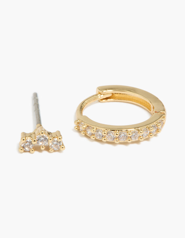 Gold Plated Mini Cubic Zirconia Stud & Huggie Earrings 2-Pack