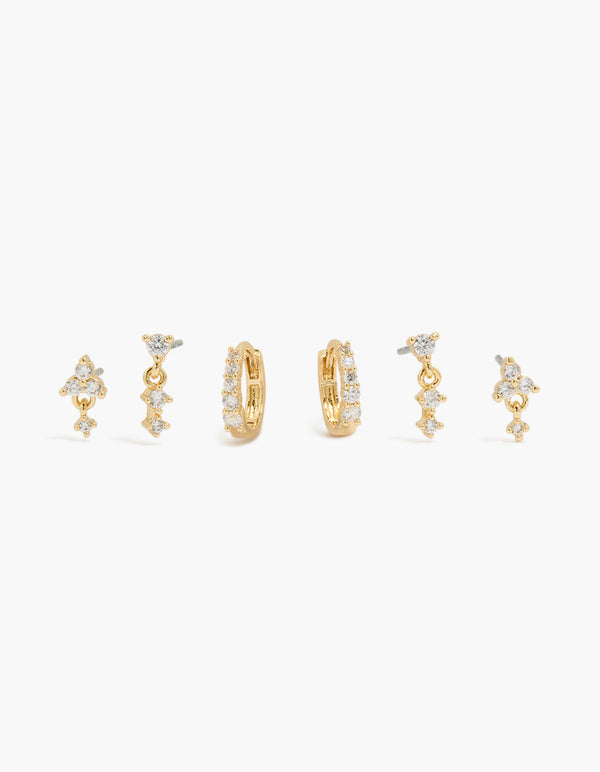 Gold Plated Cubic Zirconia Mini Huggie & Drop Earrings 3-Pack