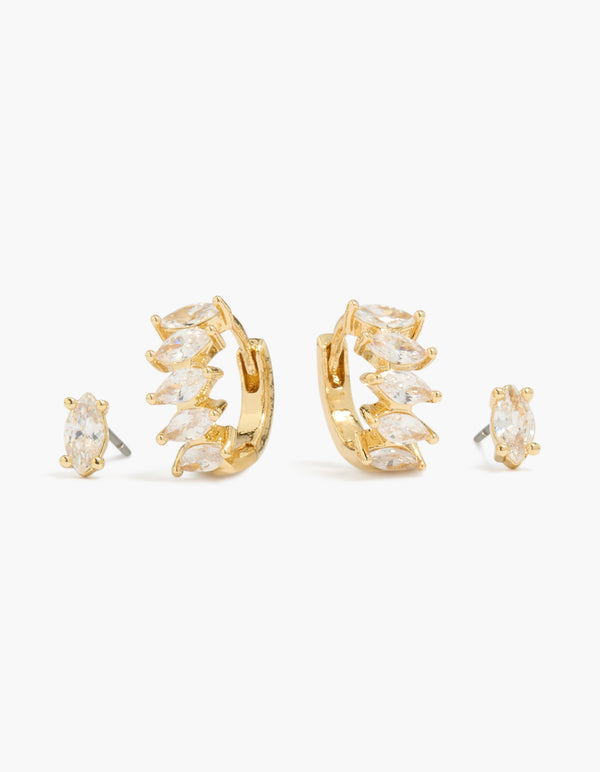 Showcasing this gold plated marquise cubic zirconia huggie and stud earrings 2-pack in a front view