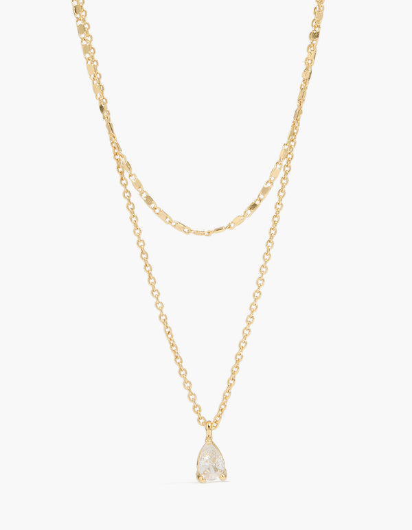 Beautifully crafted gold plated necklace featuring pear cut cubic zirconia pendant with chain in a 2-pack close up view