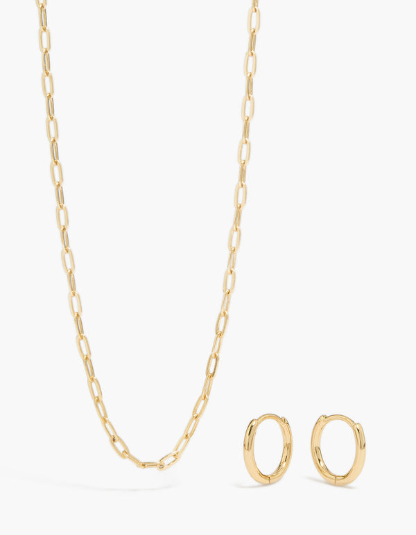 14K Gold Plain Chain & Huggie Earrings Set