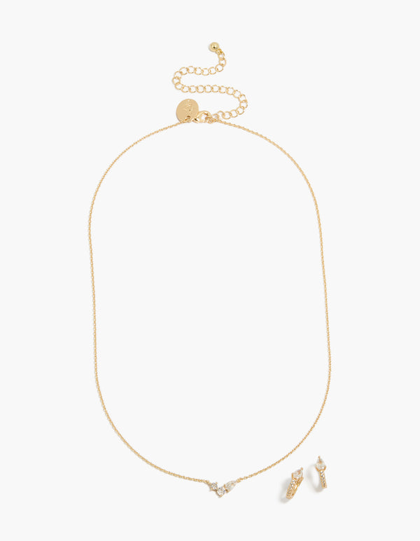 14K Gold Plated Cubic Zirconia Huggie Earrings & Necklace Set