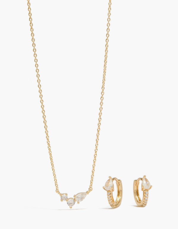 14K Gold Plated Cubic Zirconia Huggie Earrings & Necklace Set