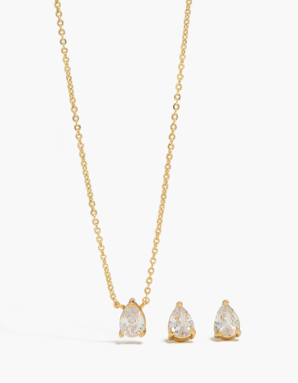 14K Gold Plated Pear Cubic Zirconia Necklace & Earrings Set