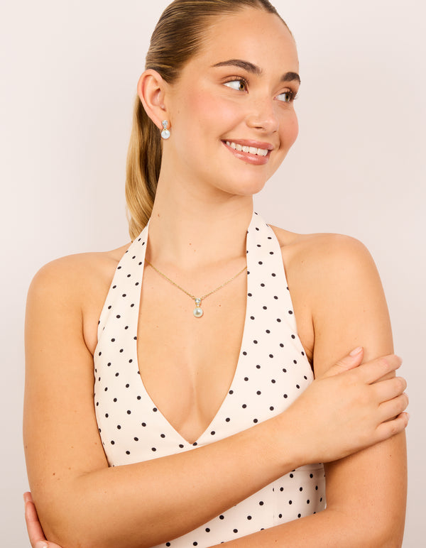 14K Gold Plated Cubic Zirconia Pearl Necklace & Earrings Set