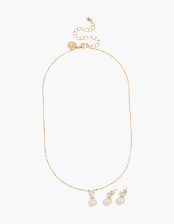14K Gold Plated Cubic Zirconia Pearl Necklace & Earrings Set