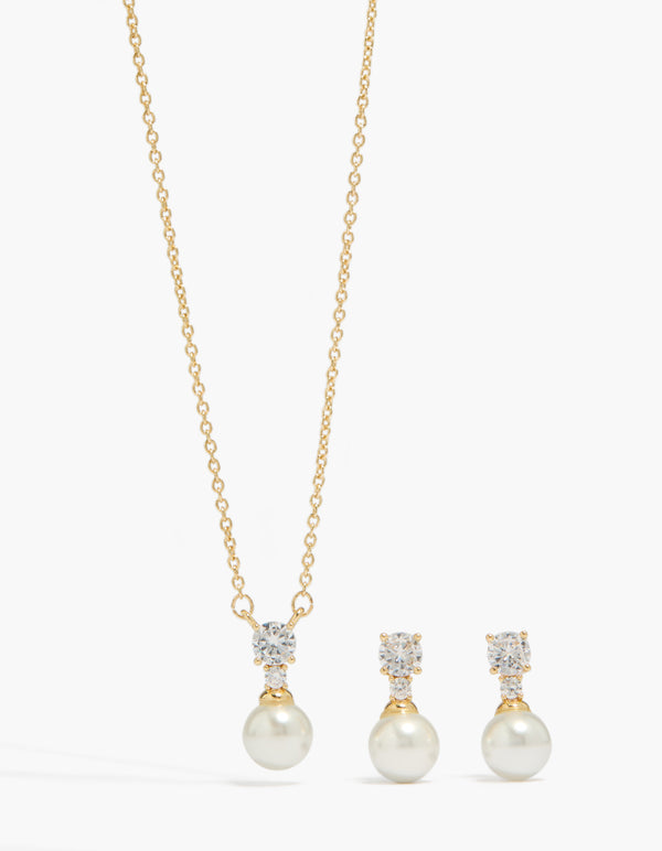 14K Gold Plated Cubic Zirconia Pearl Necklace & Earrings Set