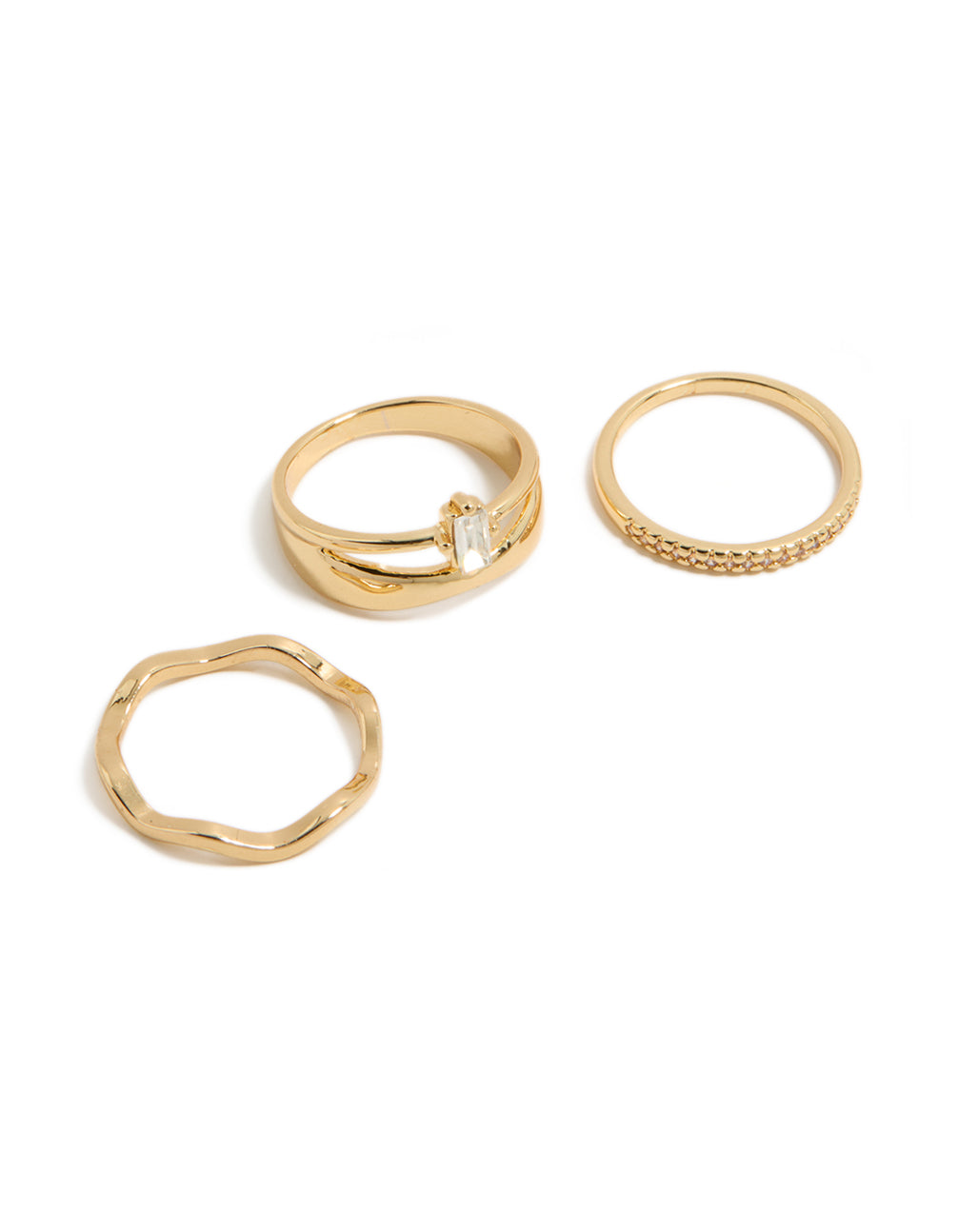 Stunning gold plated square and baguette cubic zirconia wavy rings 3-pack featuring statement and chunky style in gold front view
