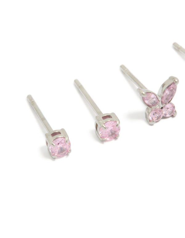 Featuring kids butterfly stud earrings with cubic zirconia, crafted from surgical steel in pink and silver, 2-pack close up view