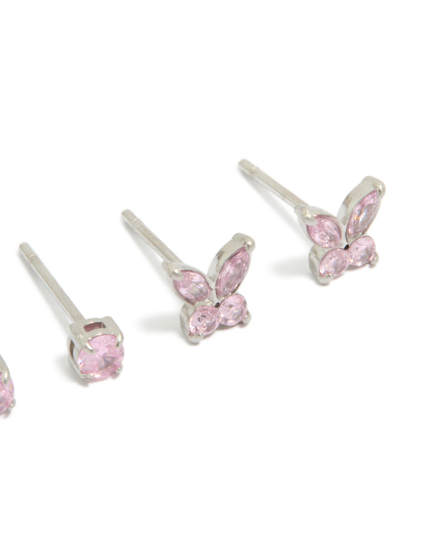 Showcasing kids butterfly stud earrings with cubic zirconia, crafted from surgical steel in pink and silver, 2-pack post detail view
