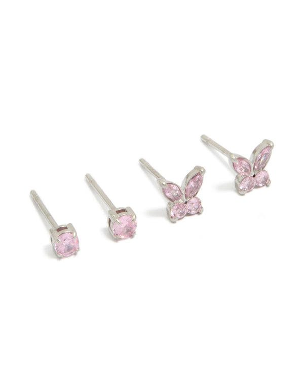 Discover kids butterfly stud earrings with cubic zirconia, crafted from surgical steel in pink and silver, 2-pack front view