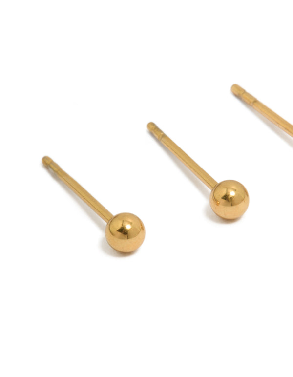 Crafted from surgical steel, these gold plated ball stud earrings with cubic zirconia for kids in a 2-pack close up view