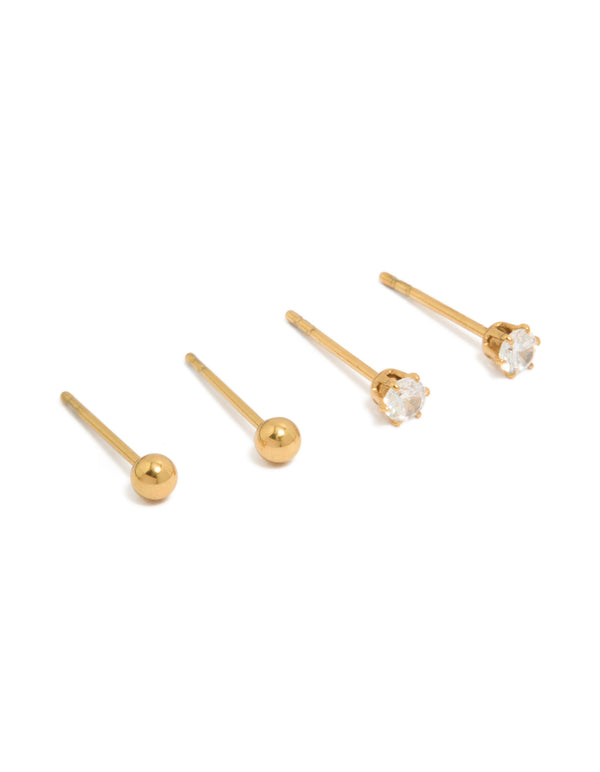 Featuring kids gold plated surgical steel ball and cubic zirconia stud earrings in a 2-pack front view
