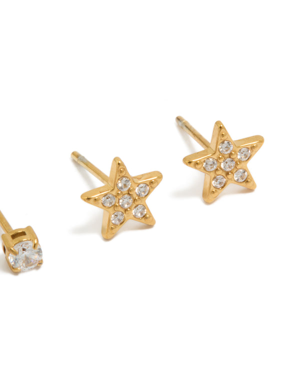 Shop kids surgical steel stud earrings featuring celestial star designs with cubic zirconia in gold, 2-pack detail view