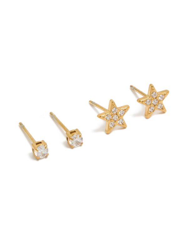 Discover kids surgical steel stud earrings featuring celestial star designs crafted with cubic zirconia in gold, 2-pack front view