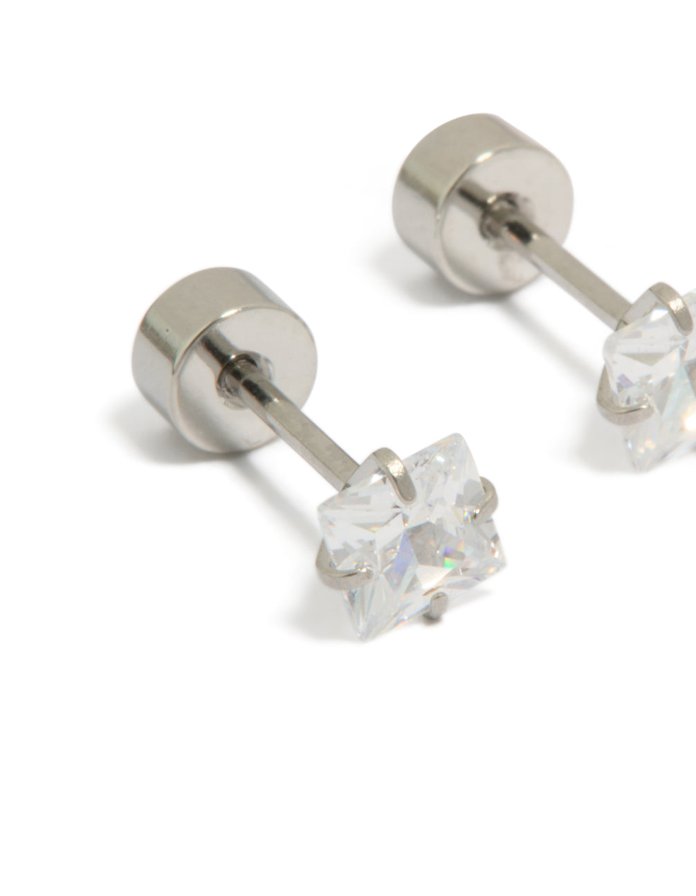 Featuring kids surgical steel stud earrings with square cubic zirconia and flat back closure close up view