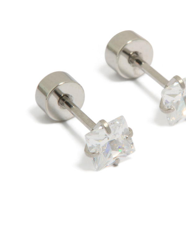 Featuring kids surgical steel stud earrings with square cubic zirconia and flat back closure close up view