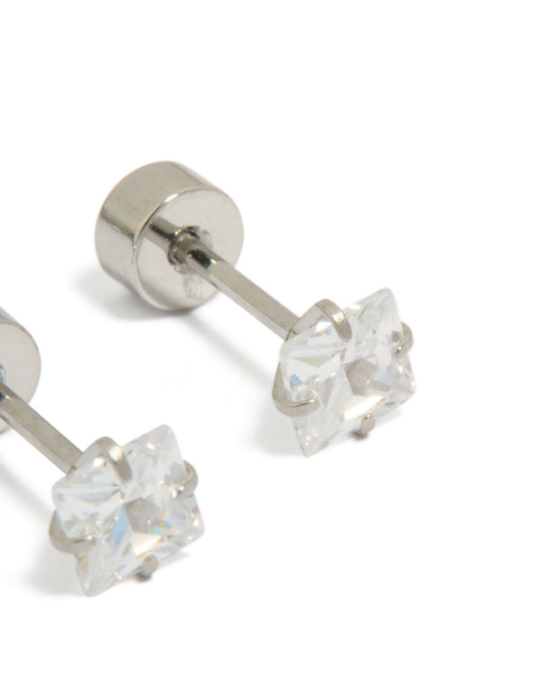Crafted from surgical steel, kids stud earrings featuring square cubic zirconia with flat back closure post detail view
