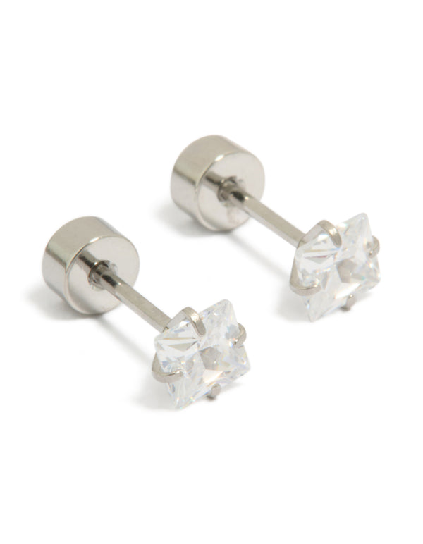 Showcasing kids surgical steel stud earrings with square cubic zirconia and flat back closure front view