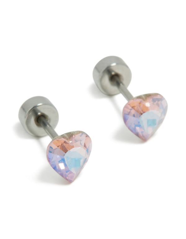 Kids Surgical Steel Iridescent Cubic Zirconia Heart Flat Back Studs