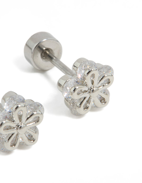 Kids Surgical Steel Cubic Zirconia Flower Flat Back Studs