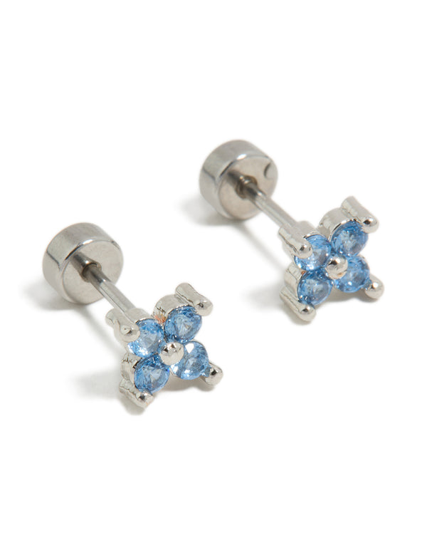 Kids Surgical Steel Blue Cubic Zirconia Flower Flat Back Studs