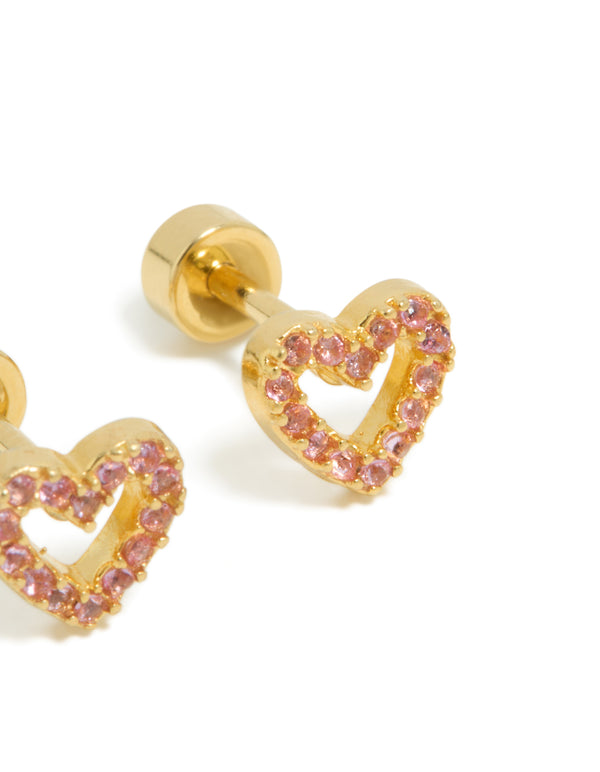 Kids Gold Plated Surgical Steel Pink Cubic Zirconia Pavé Heart Flat Back Studs