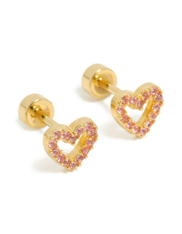 Kids Gold Plated Surgical Steel Pink Cubic Zirconia Pavé Heart Flat Back Studs