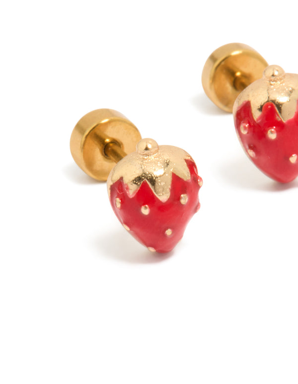 Highlighting kids strawberry flat back studs with fruit in gold plated surgical steel featuring red and gold detail close up view