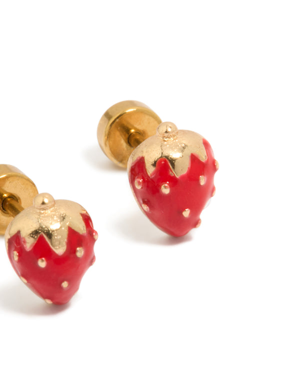 Displaying kids strawberry flat back studs featuring fruit design in gold plated surgical steel with red and gold detailing post detail view