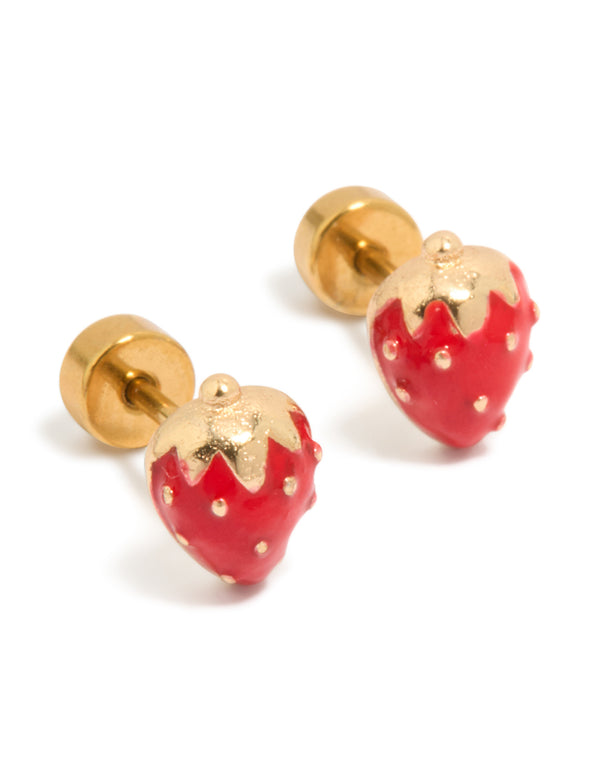 Showcasing kids strawberry flat back studs featuring fruit design in gold plated surgical steel with red and gold detailing front view