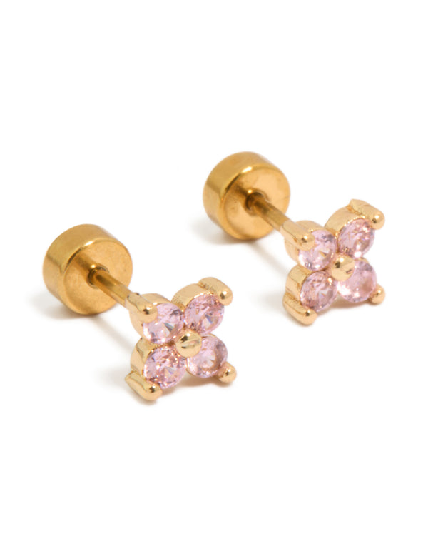 Beautifully crafted floral stud earrings with pink cubic zirconia stones in a gold plated surgical steel setting, featuring flat back closures front view