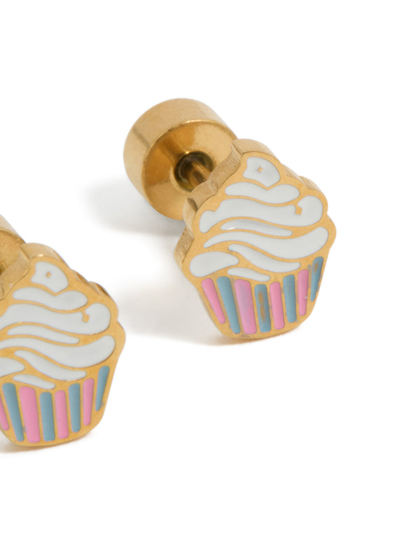 Kids Gold Plated Surgical Steel Enamel Cupcake Flat Back Studs