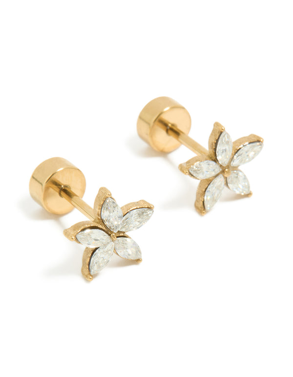 Kids Gold Plated Surgical Steel Cubic Zirconia Flower Flat Back Studs