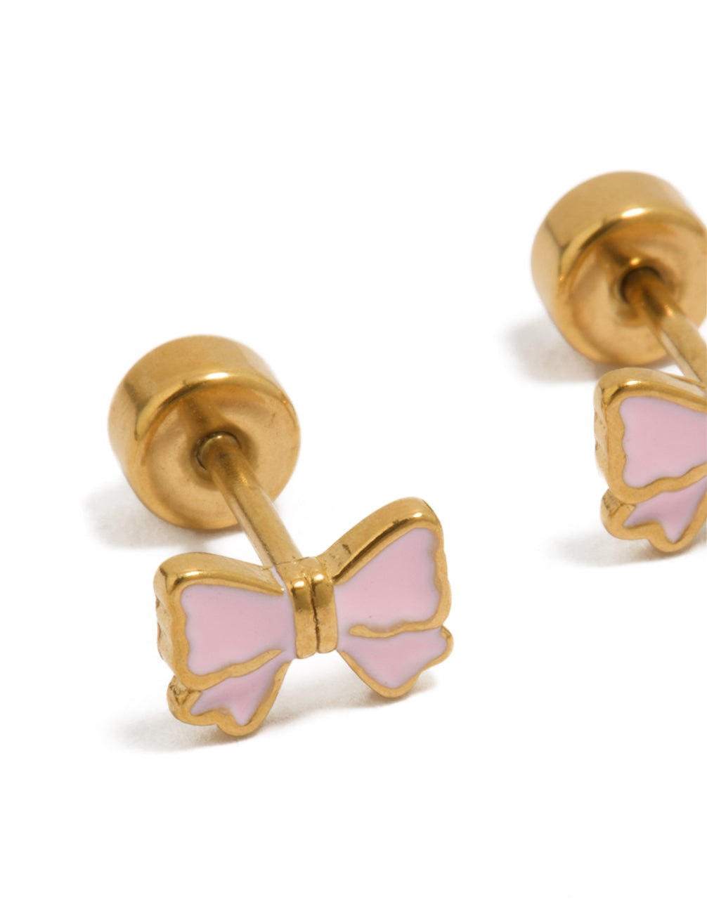 Presenting mini pink bow stud earrings in gold plated surgical steel featuring flat back closure close up view