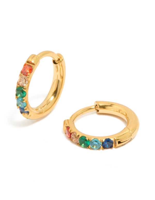 Showcasing kids gold plated surgical steel rainbow coloured cubic zirconia sleeper hoop earrings in red, green and blue front view