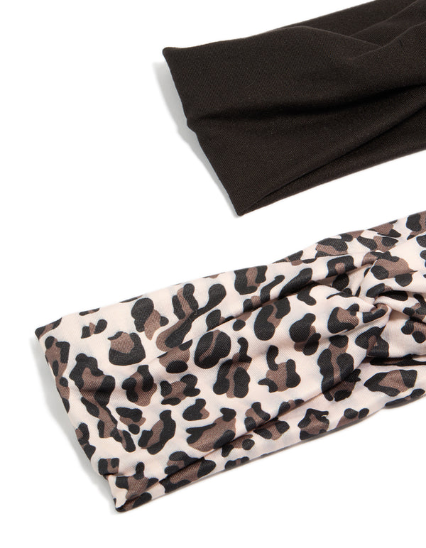 Explore black and leopard print twist stretch fabric headbands 2-pack in black, beige, rosy brown detail view