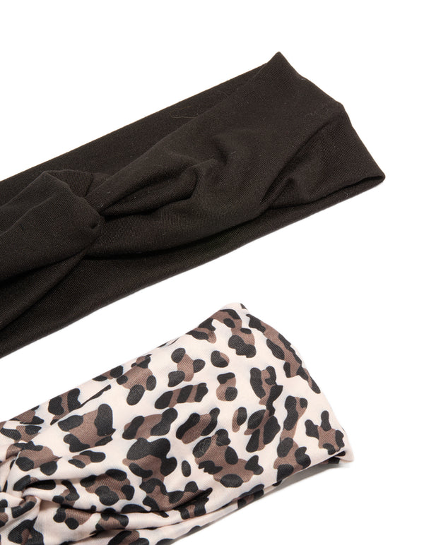 Explore black and leopard print twist stretch fabric headbands 2-pack in black, beige, rosy brown detail view