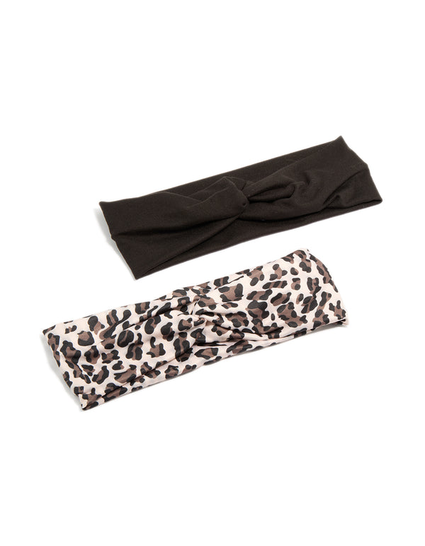 Discover black and leopard print twist stretch fabric headbands 2-pack in black, beige, rosy brown front view