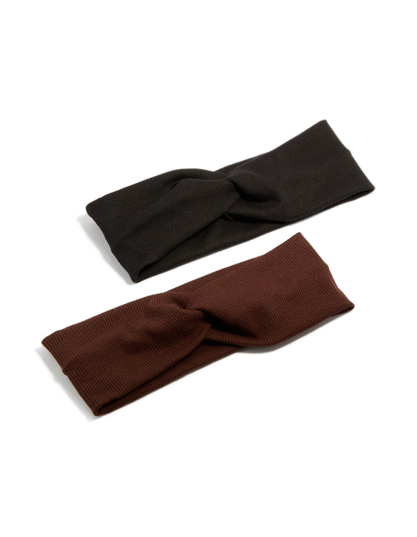 Discover this solid ribbed slim stretch headband in chocolate brown and black, 2-pack front view