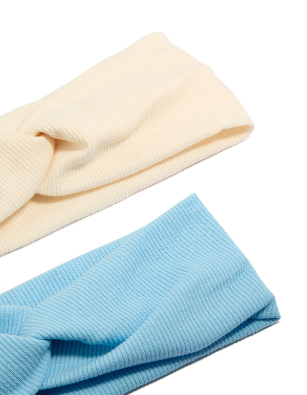 Crafted from ribbed twisted fabric, these stretch headbands 2-pack with solid print in sky blue and beige detail view