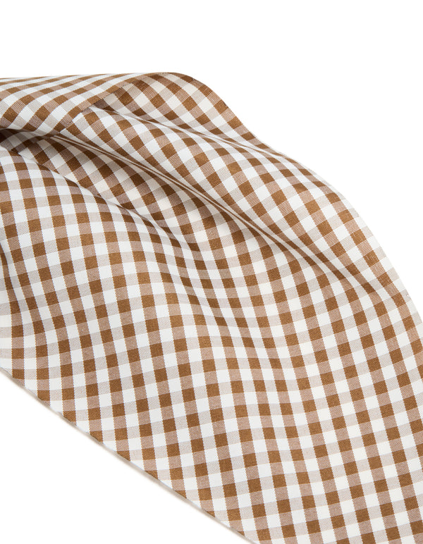 Crafted from checkered fabric in saddle brown and white scrunchie scarf detail view