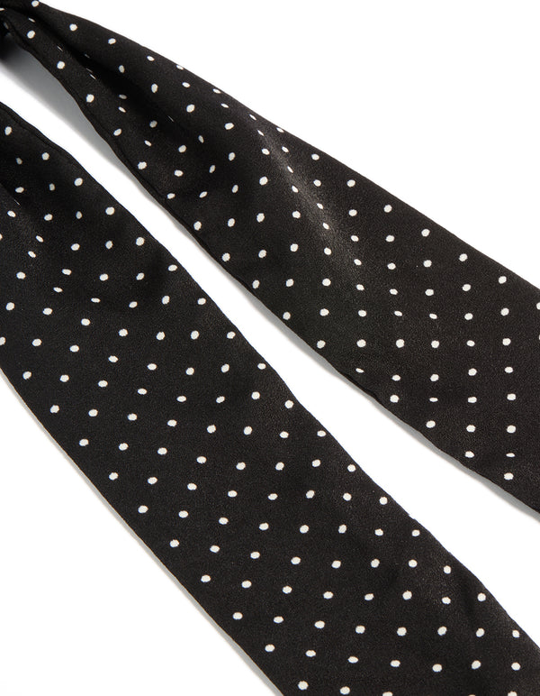 Crafted from polkadot fabric micro spot long scarf in black and white detail view