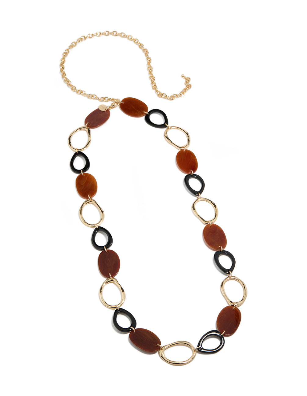 Displaying a black coated metal and acrylic link belt in gold with embellished waisted statement style front view