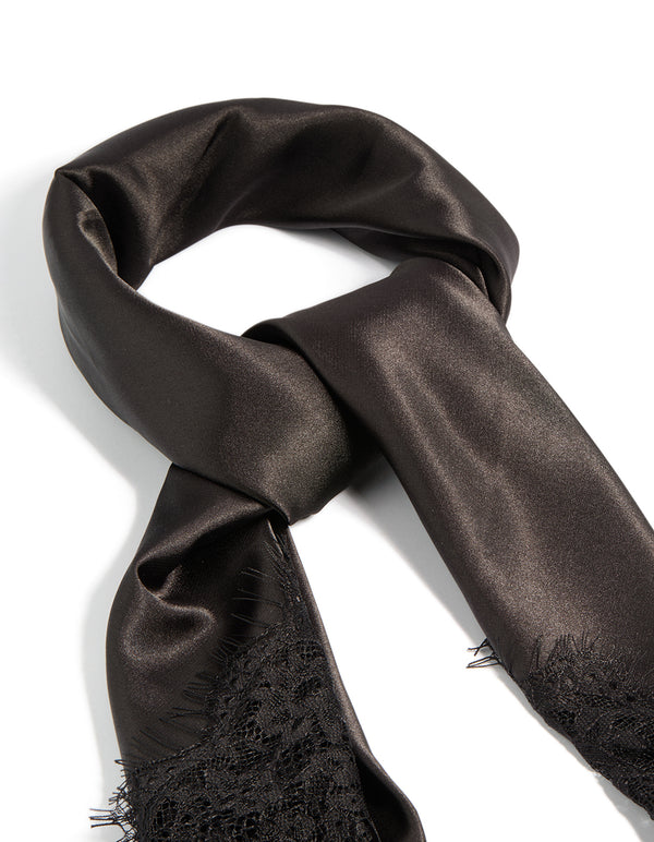 Black Fabric Lace Edged Long Scarf