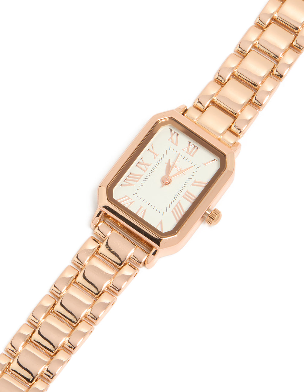 Stunning rose gold plated rectangle watch featuring white dial with roman numerals, analog display, link band strap designed for women formal occasions front view