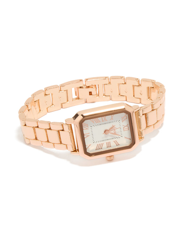 Rose Gold Plated Rectangle Roman Numeral Watch